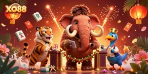 Experience the excitement at XO88 casino with a vibrant illustration featuring a woolly mammoth bouncer and rich gaming elements.
