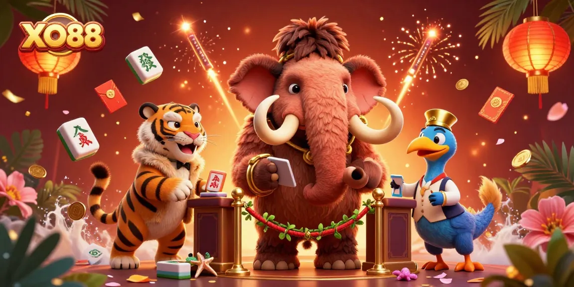 Experience the excitement at XO88 casino with a vibrant illustration featuring a woolly mammoth bouncer and rich gaming elements.