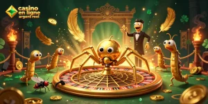 Jouez au casino en ligne argent réel avec une illustration dynamique illustrant une araignée d'or, une mouche et un croupier mille-pattes.