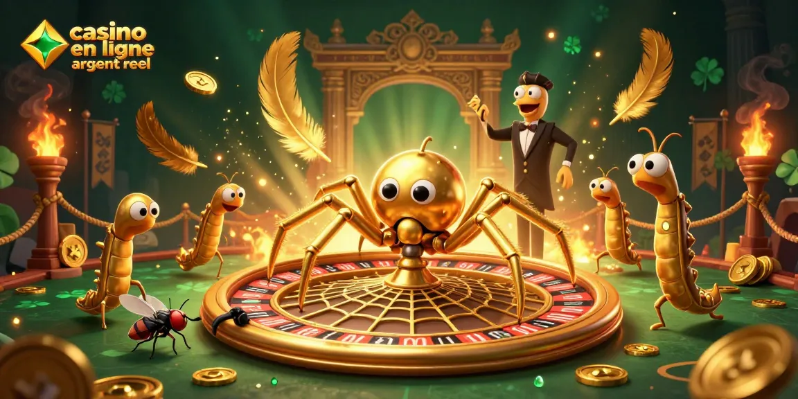 Jouez au casino en ligne argent réel avec une illustration dynamique illustrant une araignée d'or, une mouche et un croupier mille-pattes.