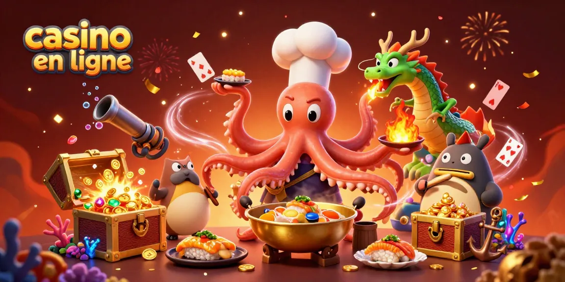 Jouez à casino en ligne avec enthousiasme sous l'océan, illustrant un chef sushi pieuvre, un dragon, et un client dynamique.