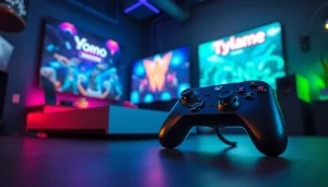 Engage with yono game through a vibrant gaming setup featuring dynamic lighting and modern design.