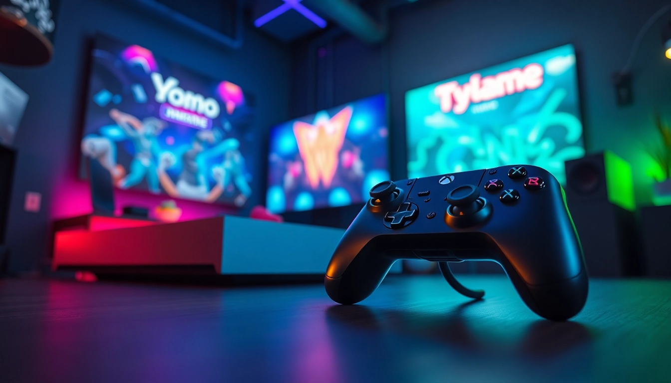 Engage with yono game through a vibrant gaming setup featuring dynamic lighting and modern design.