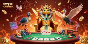 Jouer dans un crypto casino avec un pharaon égyptien et des éléments blockchain captivants.