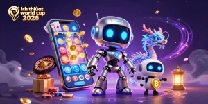 Engaging scene showing a cool 3D cartoon robot mascot celebrating lịch thi đấu world cup 2026 with lively gambling elements.