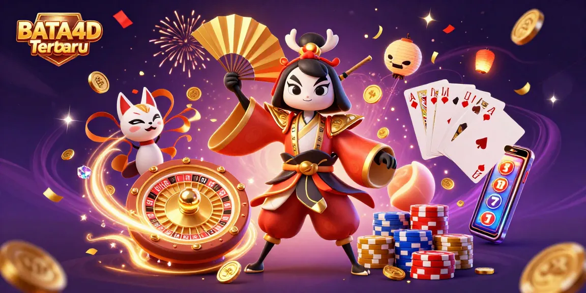 BATA4D Terbaru showcases a dynamic 3D illustration featuring colorful characters and vibrant casino elements.
