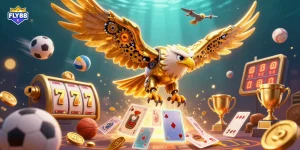 Experience thrilling gameplay with FLY88, featuring a cybernetic eagle amidst glowing symbols and dynamic casino elements.