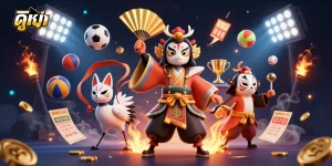 Engaging 3D scene showcasing ดูหนัง with kabuki warrior and kitsune, racing against dynamic sports elements.
