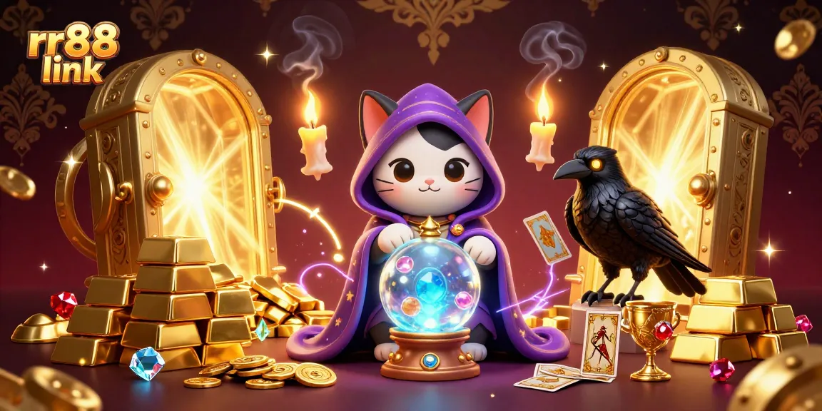 Engage with the rr88 link featuring a mystic cat and glowing raven in a vibrant casino setting.