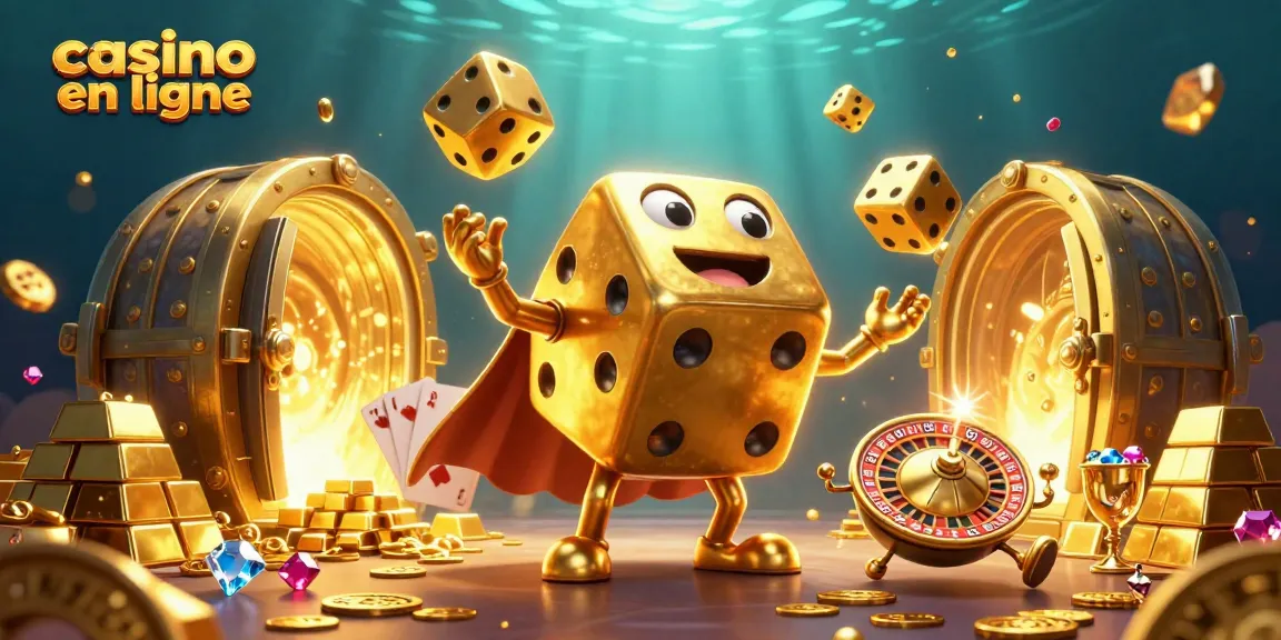 Plongez dans l'univers captivant des jeux de casino en ligne avec ce golem de dés doré, jonglant et illuminé par des trésors.