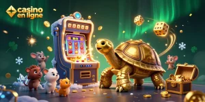 Profitez des jeux de casino en ligne avec une tortue géante et des machines à sous explosant de pièces.