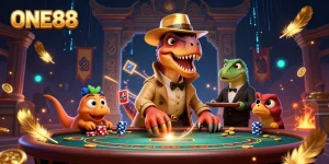 Experience thrilling blackjack at ONE88 with cartoon dinosaurs adding excitement and humor.