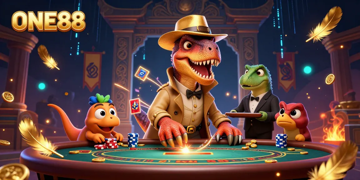 Experience thrilling blackjack at ONE88 with cartoon dinosaurs adding excitement and humor.