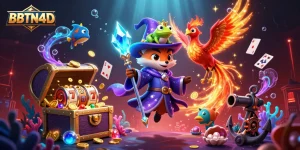 BBTN4D menghadirkan penyihir 3D dan phoenix bersinar dikelilingi simbol slot dan jackpot