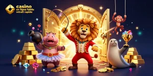 Illustration dynamique avec un lion dompteur, un hippopotame, un singe acrobate et une otarie jonglant, représentant le casino en ligne fiable retrait rapide.