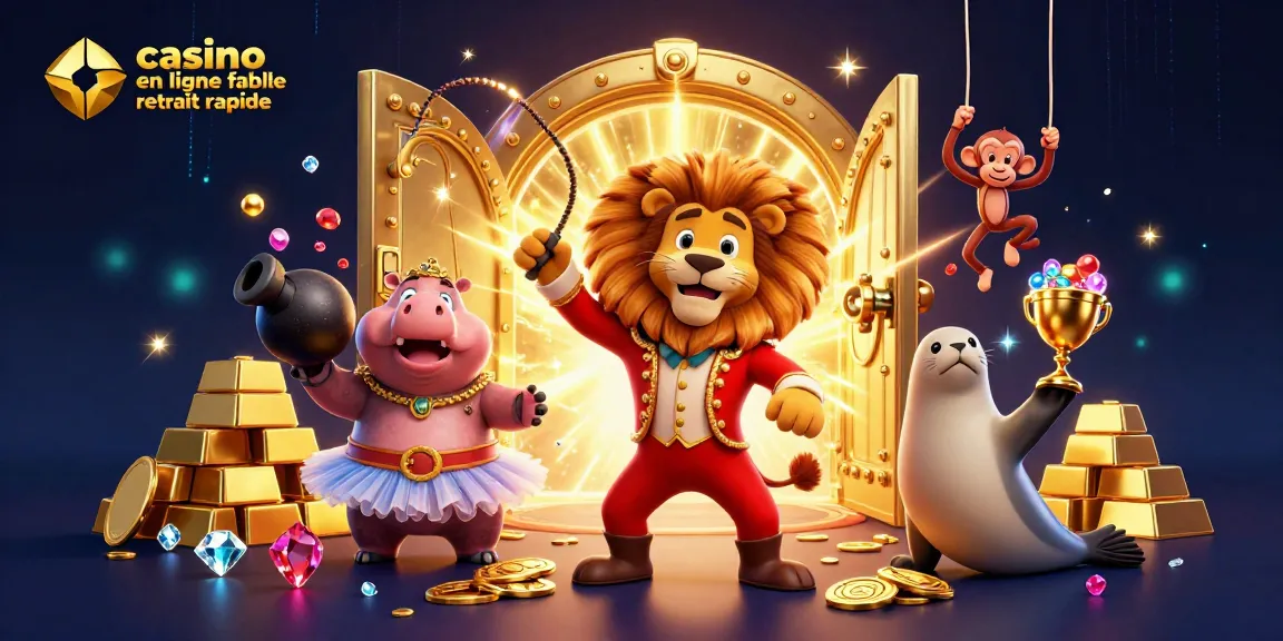 Illustration dynamique avec un lion dompteur, un hippopotame, un singe acrobate et une otarie jonglant, représentant le casino en ligne fiable retrait rapide.