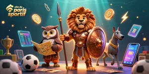 Pariez sur le site de paris sportif avec un lion spartiate et des éléments de jeu illustrant des paris sportifs.