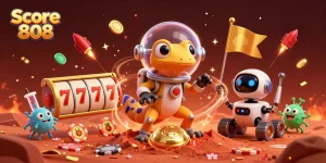 Score 808 sparks excitement with a Martian gecko discovering a golden casino amidst dynamic gaming elements.