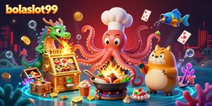 Experience the vibrant underwater world of bolaslot99, featuring a sushi chef octopus and a fiery dragon in a gambling adventure.