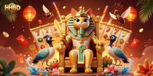 Win big at HHBD with a vibrant 3D casino scene featuring Egyptian themes and slot reels.