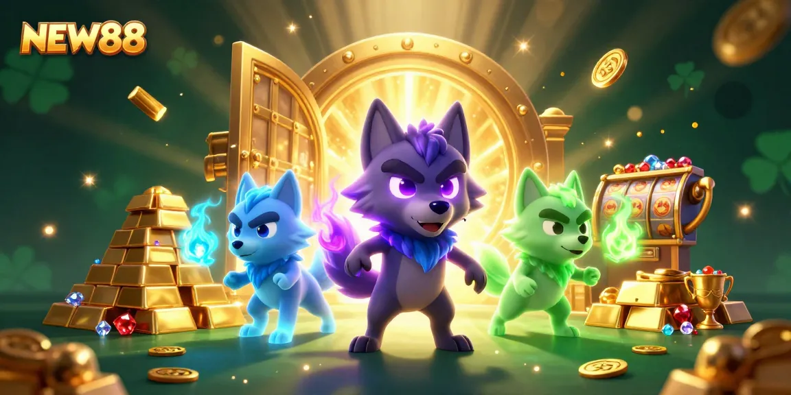 Experience winning excitement at NEW88 with vibrant 3D wolf characters and stunning casino treasures.