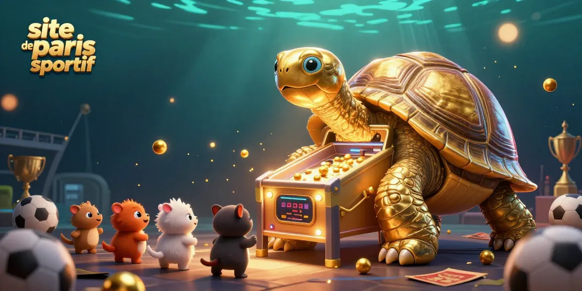Jouer sur le site de paris sportif avec une tortue en or colossal et des éléments de stade autour.