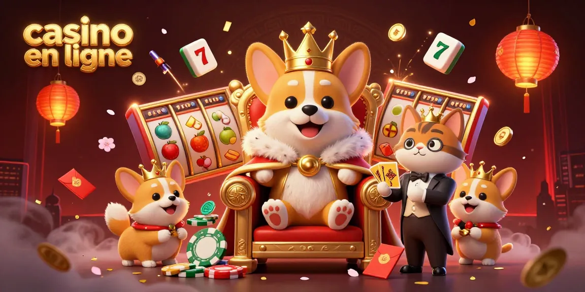 Découvrez un moment royal au casino en ligne avec un corgi sur un trône de jetons et un majordome chat.