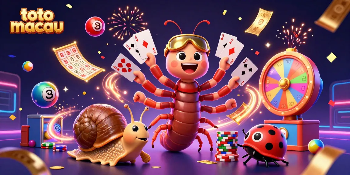 Permainan toto macau yang seru dengan karakter dealer unik dan bola lotere berwarna-warni.