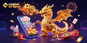 Vivez le divertissement au casino en ligne avec un dragon doré et des jeux colorés.
