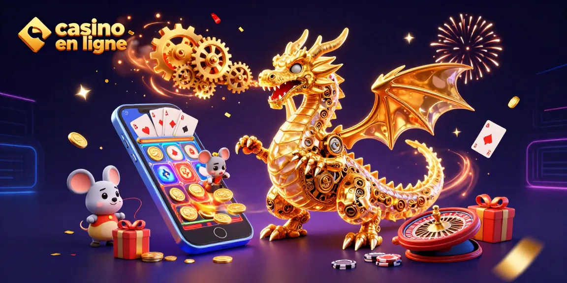 Vivez le divertissement au casino en ligne avec un dragon doré et des jeux colorés.