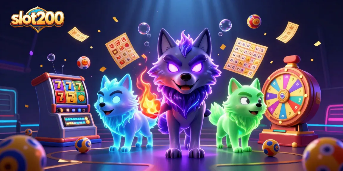 Slot200 memberikan kesan mendebarkan dengan simbol slot dan karakter serigala bercahaya.