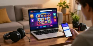 Exciting online gaming experience with raja328 link on laptop showcasing vibrant slot games.