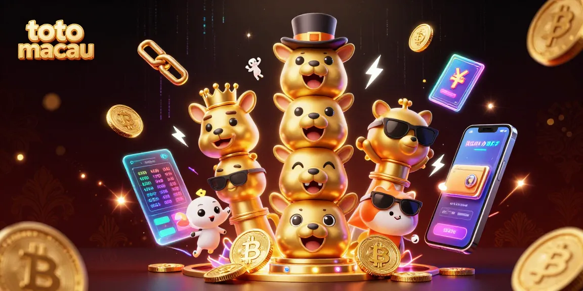 Menang besar di toto macau dengan ilustrasi totem 3D penuh warna dan elemen kasino digital modern.