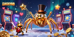 LUCKY88 showcases thrilling online casino fun with a golden tarantula weaving gaming magic.