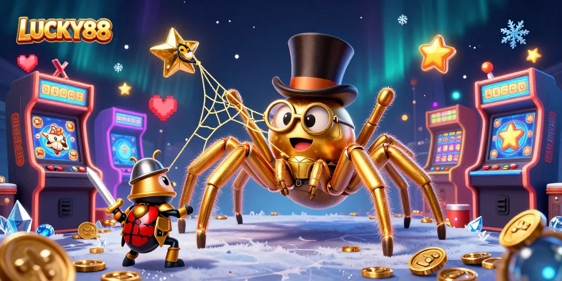 LUCKY88 showcases thrilling online casino fun with a golden tarantula weaving gaming magic.