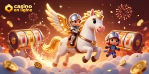 Le casino en ligne propose une illustration détaillée d'une scène de jeu dynamique avec un cheval céleste et des symboles de machines à sous.