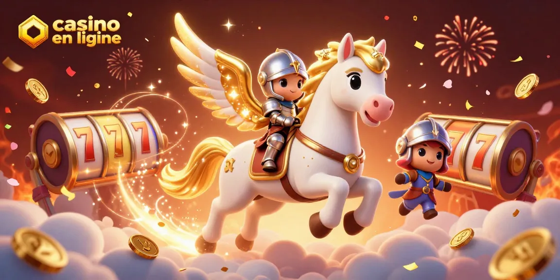Le casino en ligne propose une illustration détaillée d'une scène de jeu dynamique avec un cheval céleste et des symboles de machines à sous.
