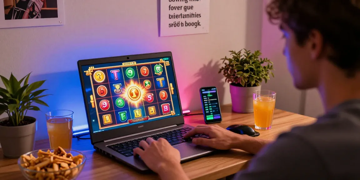Player enjoying an exciting slot game with Playbook88 on a laptop, snacks and drinks enhancing the gaming atmosphere