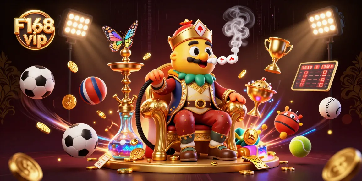 Engage with F168 vip in this vibrant 3D scene featuring a caterpillar hookah-master and sports elements.