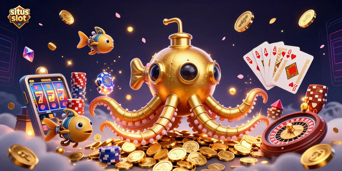 situs slot illustration features a golden kraken submarine, cascading coins, and poker chips creating an immersive casino experience.