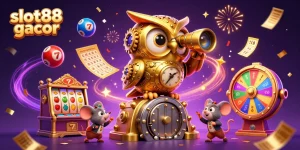 Experience the excitement of slot88 gacor with vibrant slots and lucky symbols in an animated casino scene.