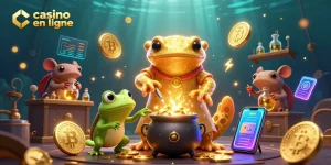 Jouer au casino en ligne avec une illustration animée de salamandre alchimiste et pièces dorées.
