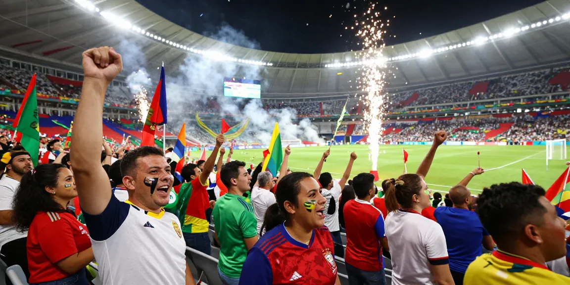 Penggemar tebak skor Piala Dunia 2026 dengan semangat di stadion yang meriah.