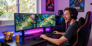 Engaged gamer using the CIKA4D platform at a vibrant gaming setup